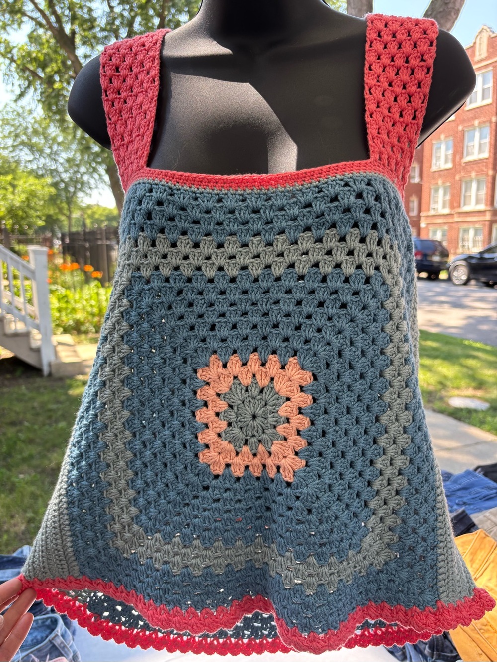 Hand-Crocheted Blue & Coral Square-Front Tank Top for Women